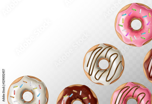 3d realistic vector illustration. Set of freshly baked, colorfully glazed doughnuts in chocolate and sprinkles. Isolated on background.