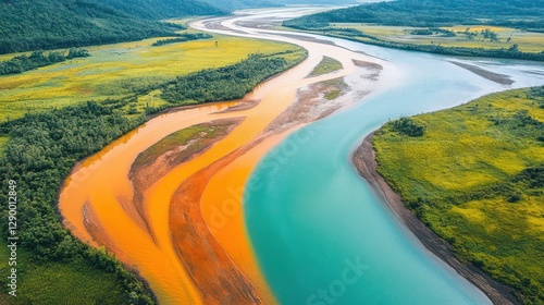 Aerial view of a river splitting into two distinct colors, orange and turquoise, flowing through lush green fields and mountains.