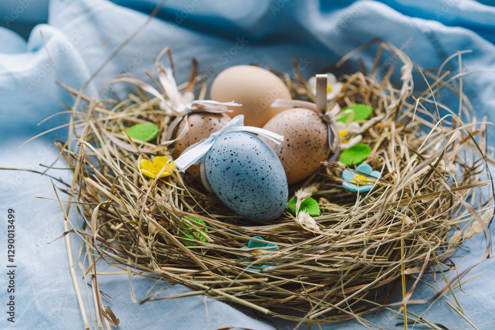 Vibrant Easter eggs are arranged in a cozy nest made of straw, with cheerful flowers contrasting against a soft blue backdrop. This scene captures the festive spirit of spring and Easter concept Vibrant Easter eggs are arranged in a cozy nest made of straw, with cheerful flowers contrasting against a soft blue backdrop. This scene captures the festive spirit of spring and Easter concept
