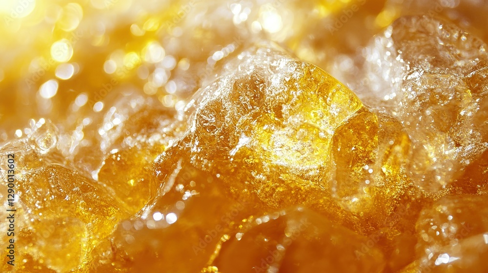 Sparkling golden ice cubes close up with bright sunlight shining Sparkling golden ice cubes close up with bright sunlight shining