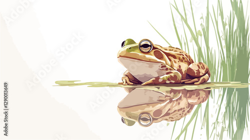 Close-up shot of a frog sitting on a surface next to blades of grass, partially submerged in water. The frog is predominantly light brown and reddish-brown with green markings. Its