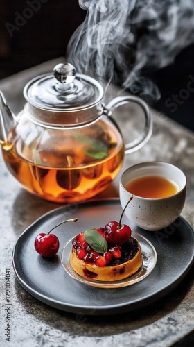 Elegant glass teapot with black or herbal hot tea, and chocolate brownie dessert, dark moody aesthetic, restaurant style presentation, AI generated photo