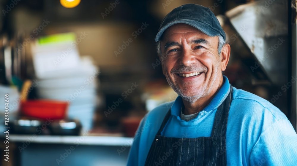 Smiling vendor exudes warmth and friendliness in a cozy kitchen setting.
Smiling vendor exudes warmth and friendliness in a cozy kitchen setting.