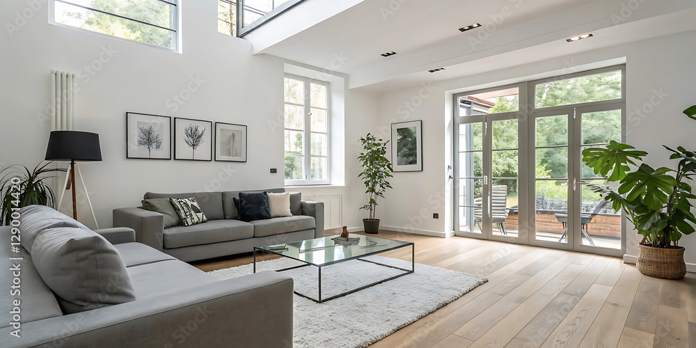 Interior of light living room with grey sofa, wooden coffee table and big window Interior of light living room with grey sofa, wooden coffee table and big window
