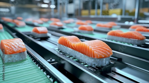 Fresh Salmon Sushi on Conveyor Belt in Modern Food Processing Facility