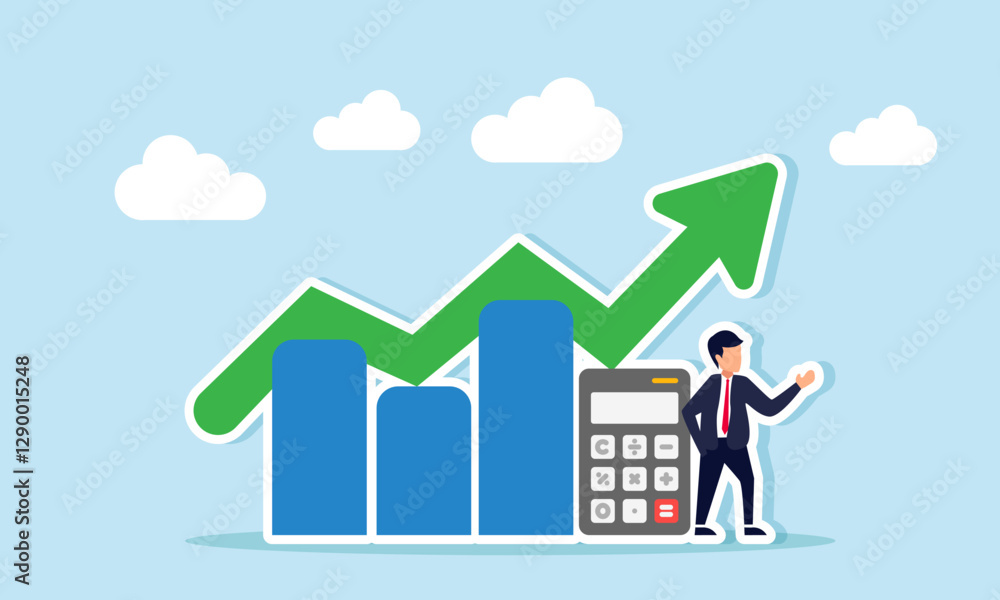 Businessman stands beside a calculator and a rising chart, illustration of accurate risk calculation analysis improving business performance and profit Businessman stands beside a calculator and a rising chart, illustration of accurate risk calculation analysis improving business performance and profit