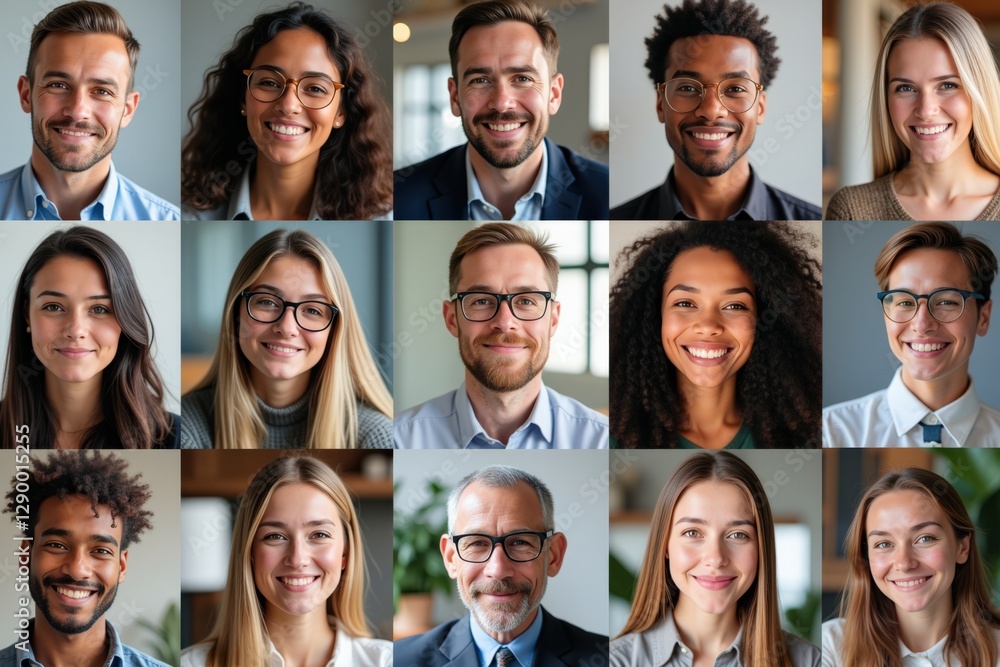 Diverse Group of 16 Adults in Professional Attire Displaying a Range of Expressions in a Modern Office Environment Diverse Group of 16 Adults in Professional Attire Displaying a Range of Expressions in a Modern Office Environment