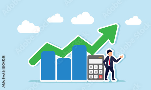 Businessman stands beside a calculator and a rising chart, illustration of accurate risk calculation analysis improving business performance and profit