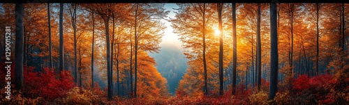 A serene autumn forest with vibrant foliage and sunlight streaming through the trees.