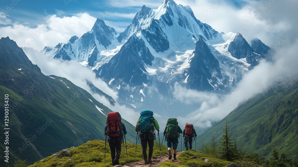 Obraz premium Group of Hikers Trekking Through Scenic Mountain Landscape with Snow-Capped Peaks, Group of Hikers Journeying Through Majestic Peaks: Thrills of Conquering Obstacles and Basking in Mountain Triumphs
