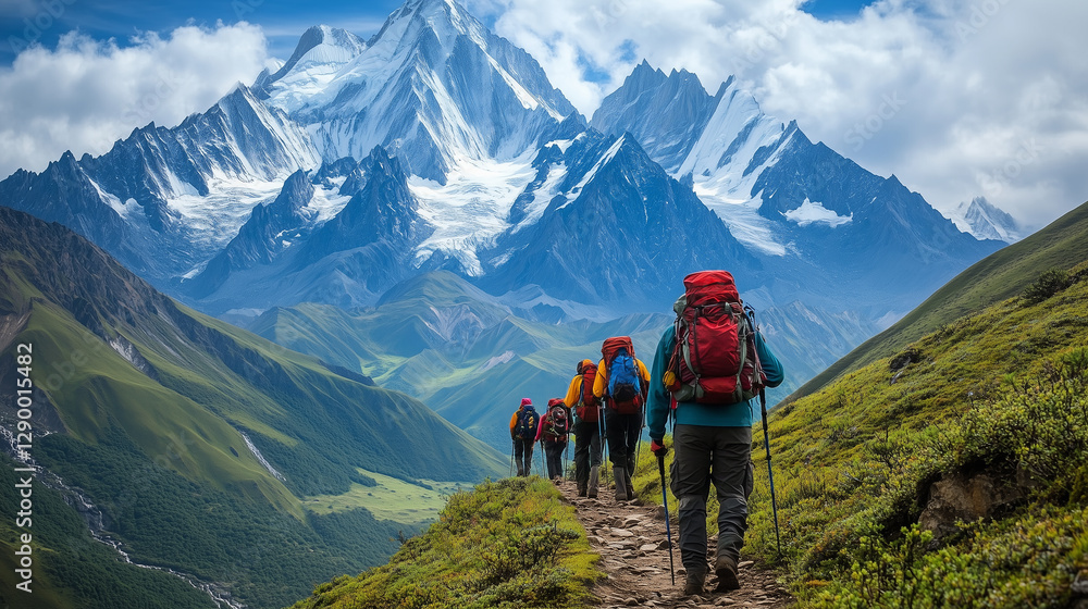 Fototapeta premium Group of Hikers Trekking Through Scenic Mountain Landscape with Snow-Capped Peaks, Group of Hikers Journeying Through Majestic Peaks: Thrills of Conquering Obstacles and Basking in Mountain Triumphs