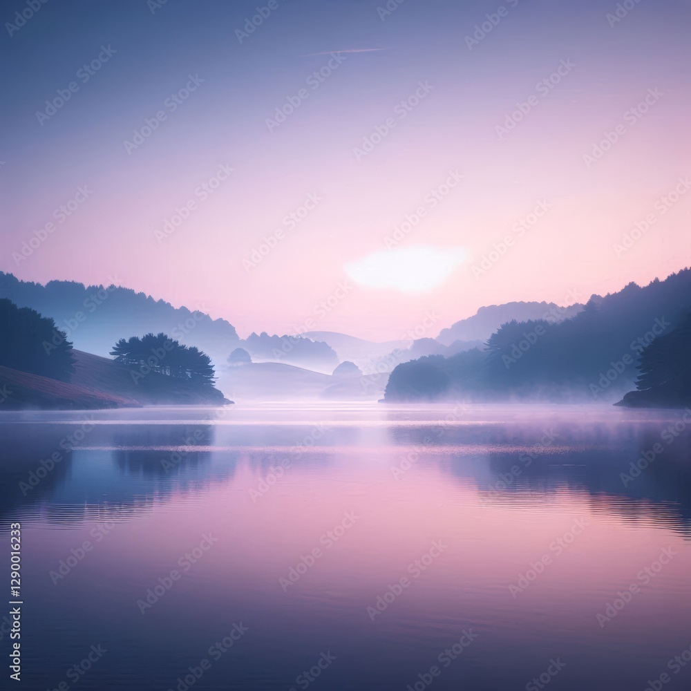 Fototapeta premium A peaceful landscape of a mist-covered lake reflecting the early morning sky, with distant hills and soft hues of dawn