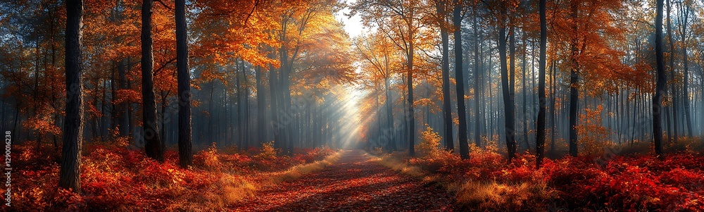 Obraz premium A serene forest scene showcasing vibrant autumn foliage illuminated by soft sunlight.