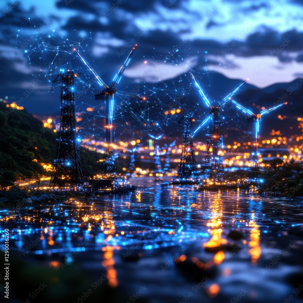 Fototapeta premium Glowing Wind Turbines Reflecting on the Calm Waters of a Tranquil Mountain Lake at Dusk or Dawn Scenic Renewable Energy Landscape with Dramatic Skyline and Atmospheric Lighting