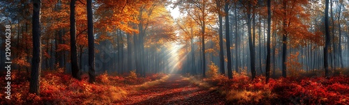 A serene forest scene showcasing vibrant autumn foliage illuminated by soft sunlight.
