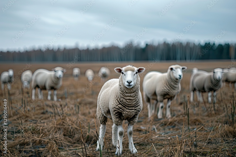 Vibrant Color Visual of Vertical Shot of a Small Herd of Sheep Standing in a Field with the Sky Vibrant Color Visual of Vertical Shot of a Small Herd of Sheep Standing in a Field with the Sky