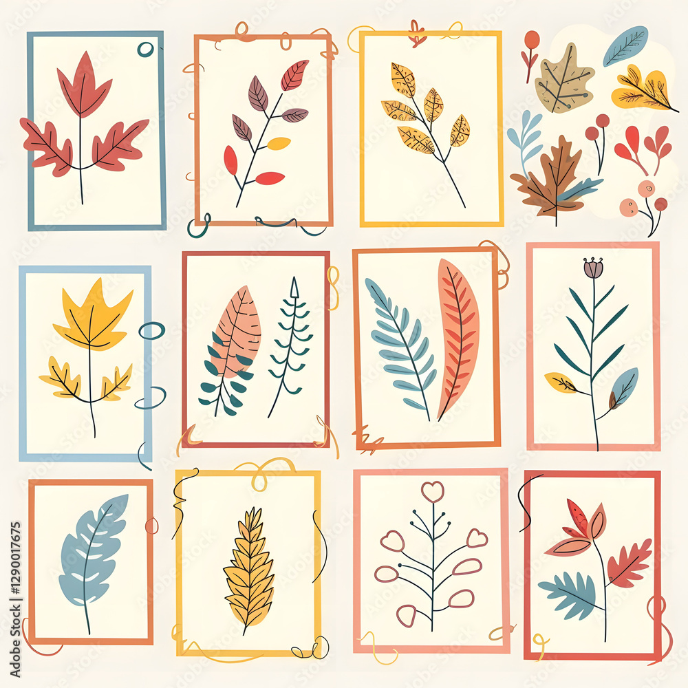 Naklejka premium Collection of abstract botanical illustrations featuring leaves, mushrooms, and plants on a dark background. Concept of natural beauty