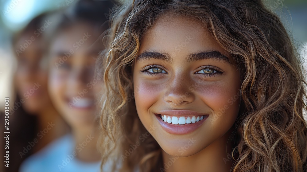 close up view of multicultural group of teenagers looking at camera on blurred foreground close up view of multicultural group of teenagers looking at camera on blurred foreground