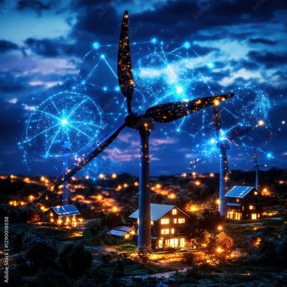 Obraz premium Enchanting nightscape with a captivating starry sky and a glowing village nestled in a mountainous forested landscape This dreamlike atmospheric image evokes a sense of mystery and wonder