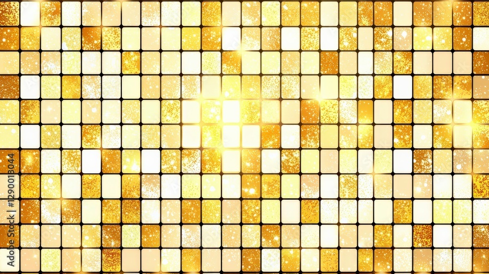 Fototapeta premium Hyper-realistic glossy white tiles with golden speckles resembling a starry night sky, shimmering subtly under soft overhead lighting