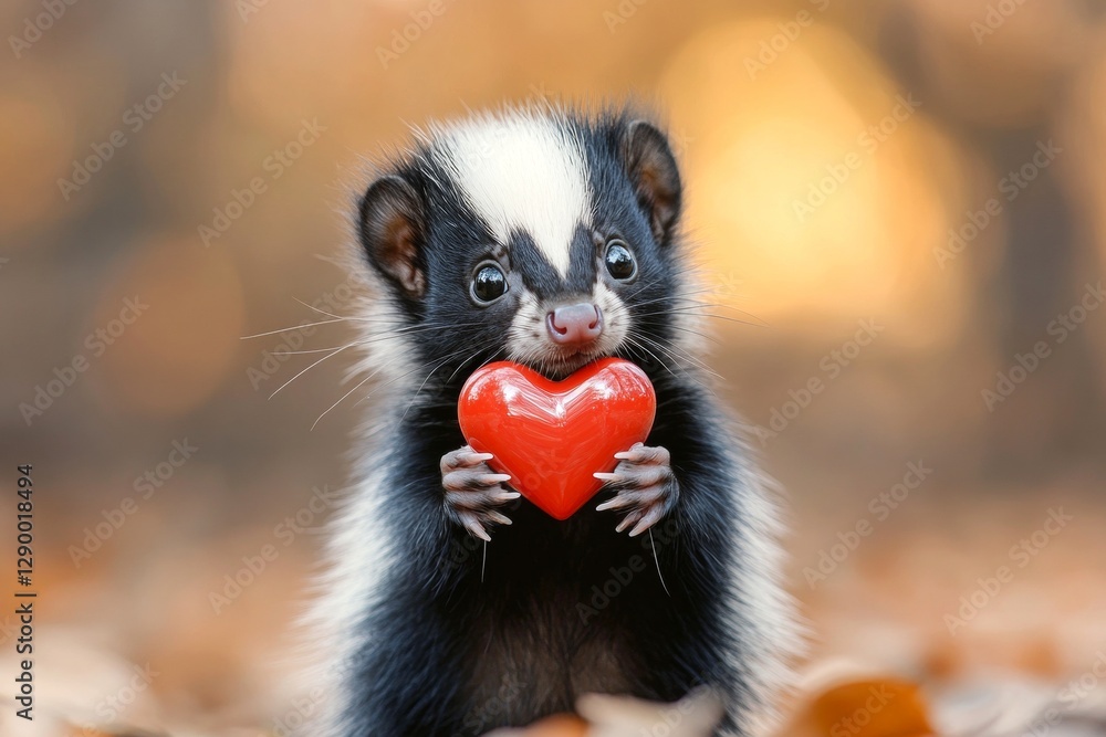 Obraz premium Skunk - my desired animal. Commercial animal conceptual art. Cute skunk baby with diamond red heart on in a natural habitat. Affectionate animal pair. Romantic wildlife moment. Wild love.
