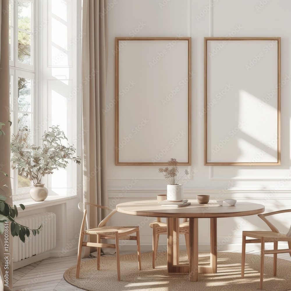Fototapeta premium Minimalist dining room interior with a round wooden table. two chairs. a rug. and two blank frames
