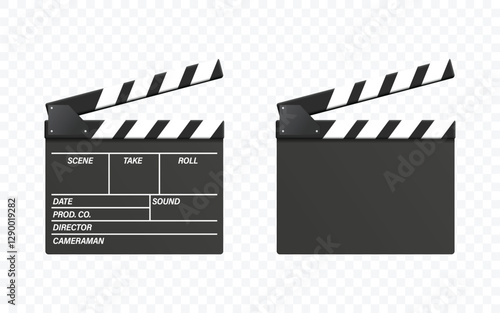 Vector 3d Realistic Opened Movie Film Clap Board Icon Set Closeup Isolated on Transparent Background. Design Template of Clapperboard, Slapstick, Filmmaking Device. Front View