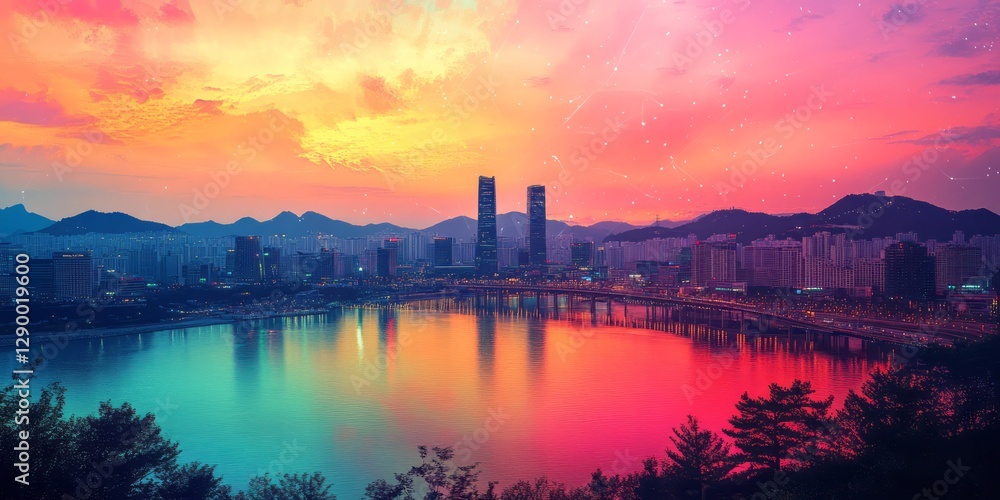 Fototapeta premium Colorful sunset illuminates a city skyline reflected in water