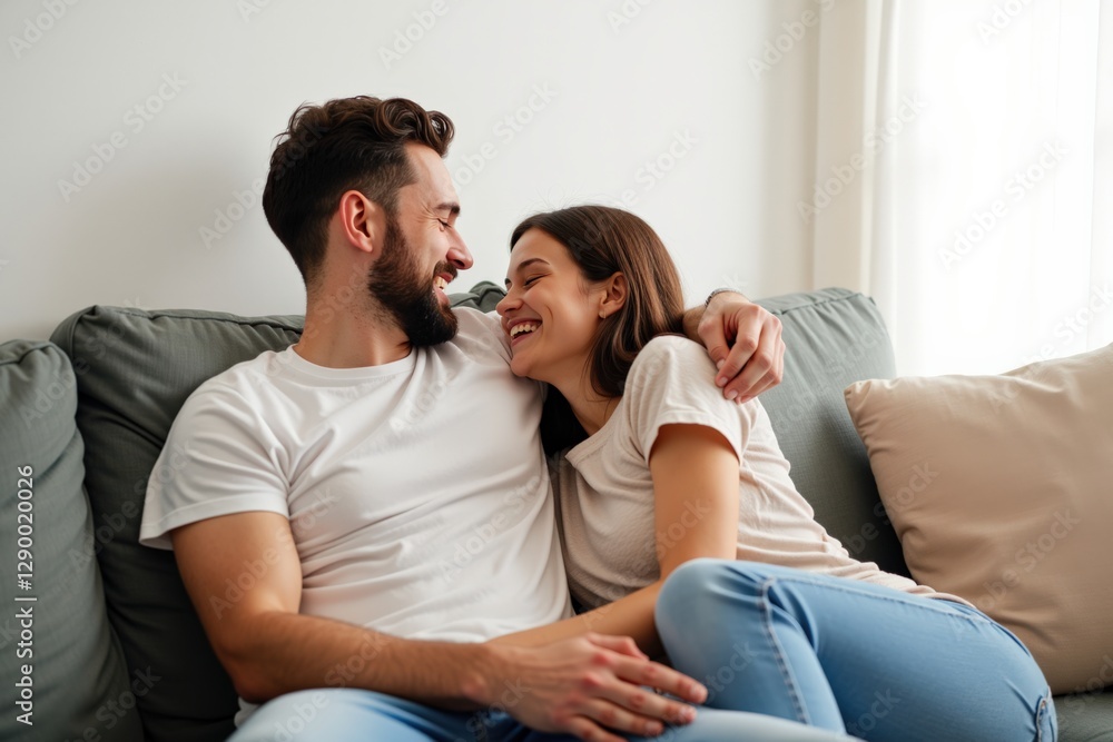 Cheerful Young Couple Relaxing Together on a Couch: A Passionate Moment of Joy and Connection in a Cozy Living Room Setting Cheerful Young Couple Relaxing Together on a Couch: A Passionate Moment of Joy and Connection in a Cozy Living Room Setting