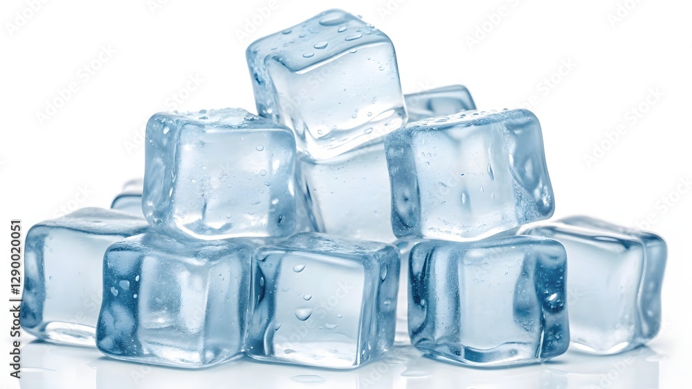 Clear Ice Cubes with Slight Blue Tint and Trapped Air Bubbles, Stacked in a Pile for Refreshing Cold Beverages Clear Ice Cubes with Slight Blue Tint and Trapped Air Bubbles, Stacked in a Pile for Refreshing Cold Beverages