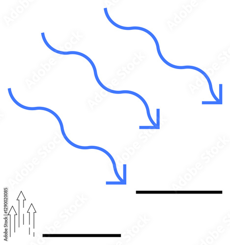 Blue curved arrows denote radiation heat transfer, black horizontal bars depict surfaces, and thin vertical arrows signify upward convection. Ideal for science, energy, physics, education, research