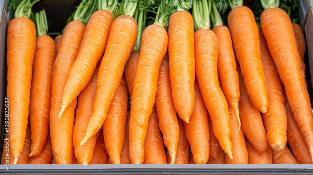 Fresh Organic Carrots in Display with Green Tops at Market Stall Fresh Organic Carrots in Display with Green Tops at Market Stall