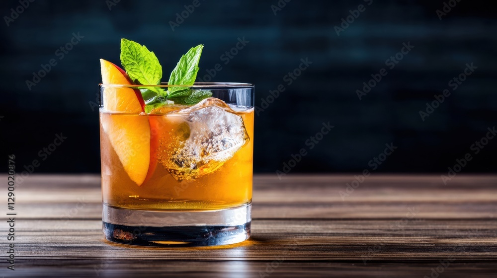 Refreshing Cocktail with Ice and Mint Garnish on Wooden Table Refreshing Cocktail with Ice and Mint Garnish on Wooden Table