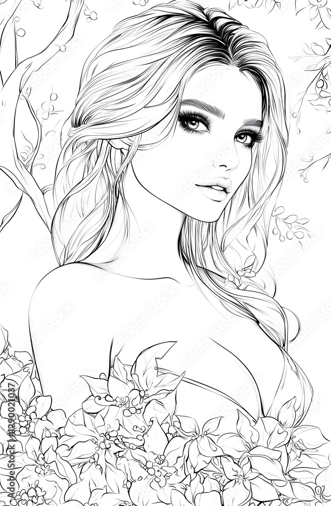 A coloring page of an elegant woman in a flowing, draped dress, posing gracefully with a subtle smile and wavy hair, surrounded by the beauty of nature A coloring page of an elegant woman in a flowing, draped dress, posing gracefully with a subtle smile and wavy hair, surrounded by the beauty of nature