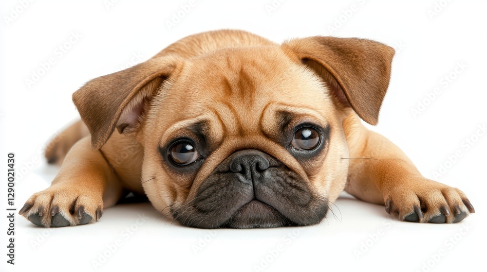 Adorable small dog resting peacefully on a clean white surface Adorable small dog resting peacefully on a clean white surface