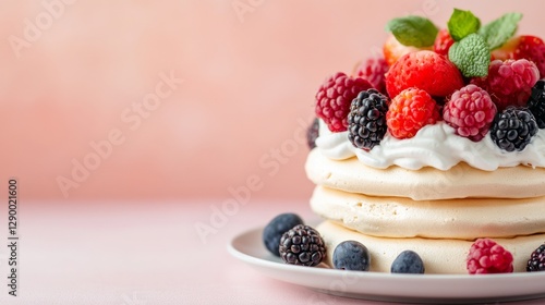 Berry Delight: This mouthwatering dessert features a delicate meringue base layered with luscious whipped cream and a vibrant assortment of fresh berries. The colors pop against a pastel background. 