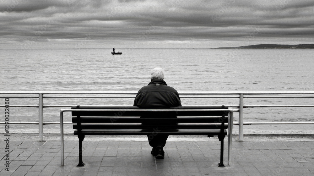 Loneliness and Contemplation: An older person sits on a bench, gazing out at the vast expanse of the sea beneath a dramatic, overcast sky in a moment of introspection. Loneliness and Contemplation: An older person sits on a bench, gazing out at the vast expanse of the sea beneath a dramatic, overcast sky in a moment of introspection.