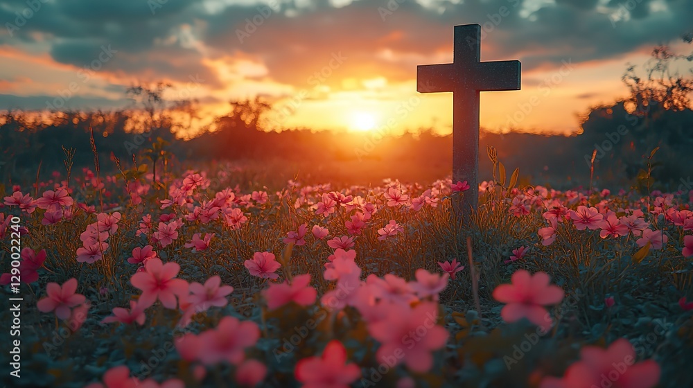 cross and spring flowers in the field retro style toned image cross and spring flowers in the field retro style toned image