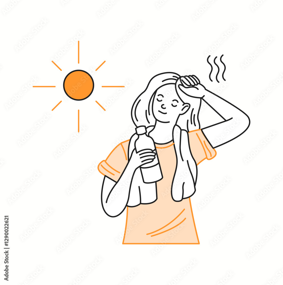 A young woman wiping sweat from her forehead while drinking a bottle of water, enjoying the sunny weather but feeling the summer heat, illustrated in doodle style. A young woman wiping sweat from her forehead while drinking a bottle of water, enjoying the sunny weather but feeling the summer heat, illustrated in doodle style.