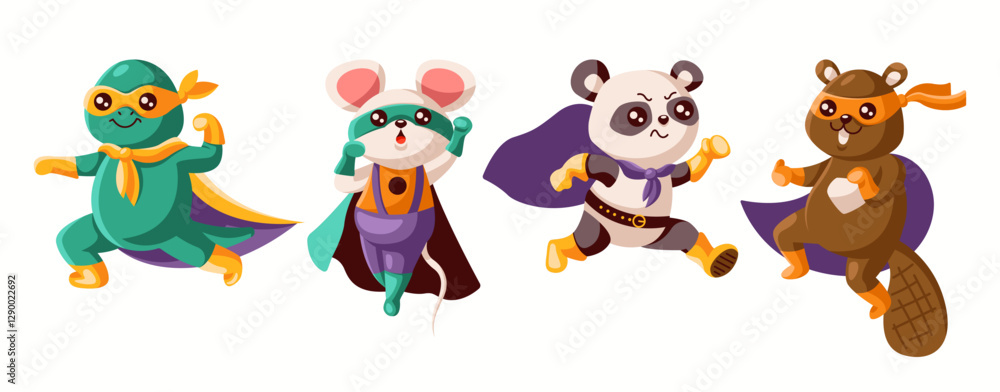 Naklejka premium Illustration of four cute cartoon animals dressed as superheroes wearing colorful capes and masks displaying dynamic and playful expressions against white background