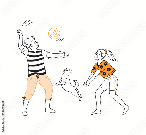 A group of friends playing an exciting game of beach volleyball under the summer sun, drawn in a lively and fun doodle-style illustration.