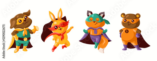 Illustration of cute cartoon animals dressed as superheroes with vibrant masks and capes. They embody playful and brave personas, each uniquely styled.