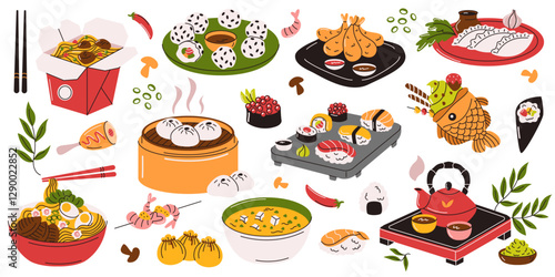 Illustration of various Asian dishes including sushi, dumplings, ramen, and bubble tea, creatively arranged in a vibrant and playful doodle-style vector.