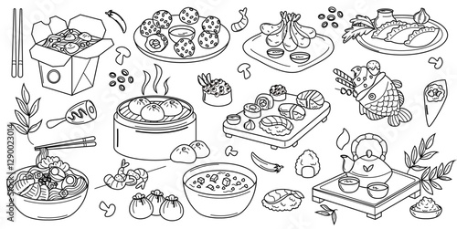 Wallpaper Mural Minimalist black and white doodle illustration of various traditional Asian dishes, including sushi, dumplings, ramen, and more, drawn in a simple and elegant vector style. Torontodigital.ca