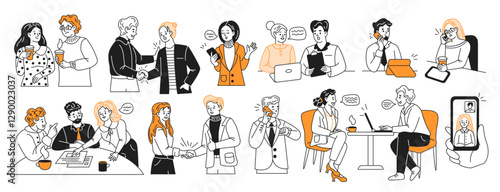 Businesspeople activities color linear icons collection. Engaging in corporate workflow professionals doodle characters on white background