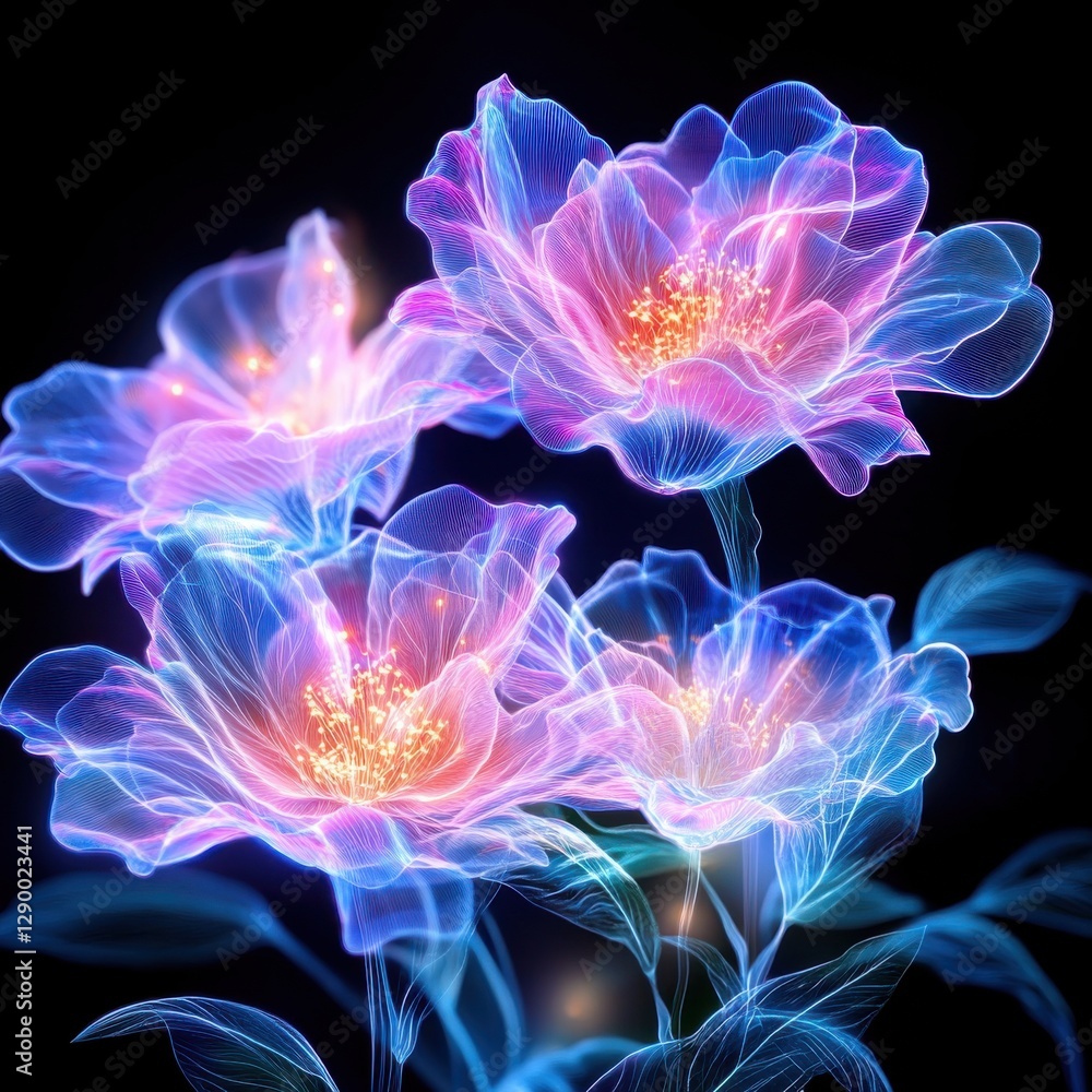 Mesmerizing digital showcasing ethereal cosmic inspired floral blooms with a vibrant glowing neon like aesthetic Surreal fantasy like flowers against a dark background create a captivating Mesmerizing digital showcasing ethereal cosmic inspired floral blooms with a vibrant glowing neon like aesthetic Surreal fantasy like flowers against a dark background create a captivating