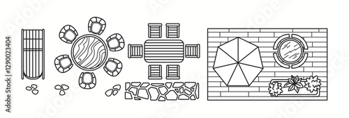 Vector illustration of an outdoor seating arrangement with patio decor, featuring round tables, chairs, and a terrace layout. Ideal for garden and exterior design planning.