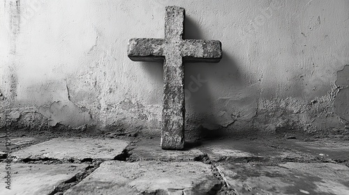 cross in front of a white wall black and white photo copy space