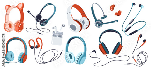 Variety of wireless and wired headphones flat color vector icon set. Assortment of music accessories objects pack on white background