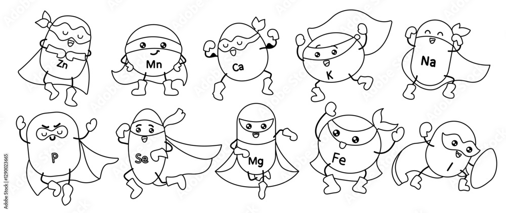 Monochrome illustration of superhero-style trace elements and vitamins, designed as an educational coloring sheet for health and nutrition learning. Monochrome illustration of superhero-style trace elements and vitamins, designed as an educational coloring sheet for health and nutrition learning.